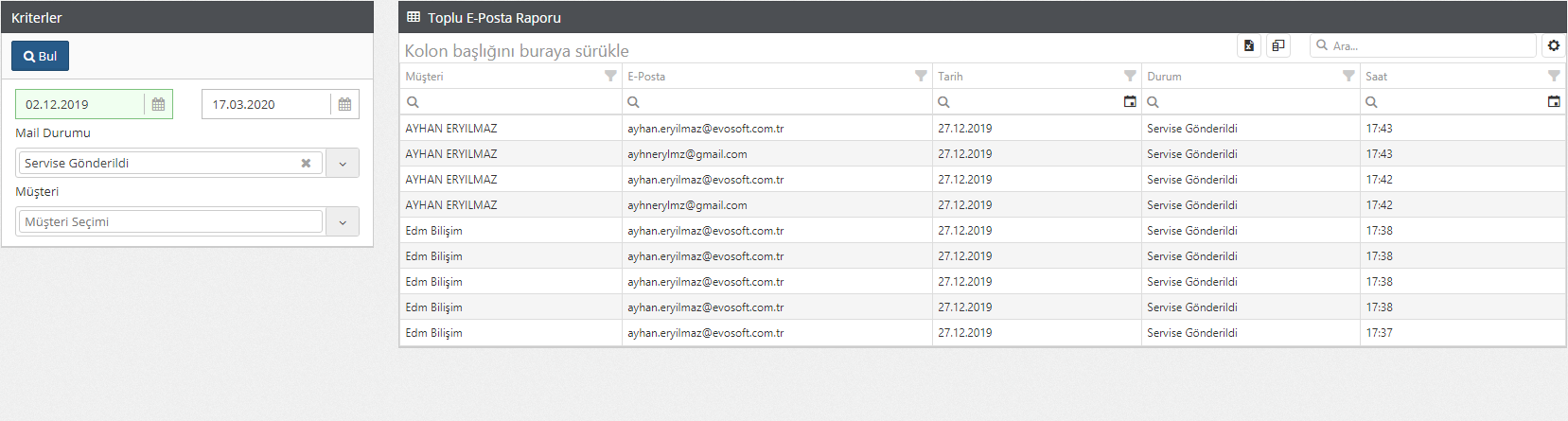Aktivite Raporu-Toplu E-Posta Raporu
