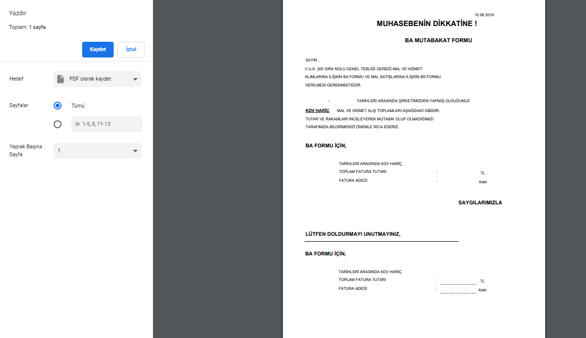 Fatura BA-BS Raporu Nasıl Alınır