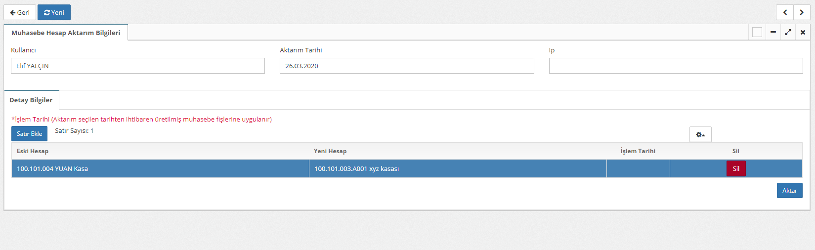 muhasebe hesap aktarımı