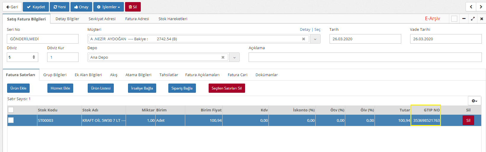 faturaya gtip kodu eklemek