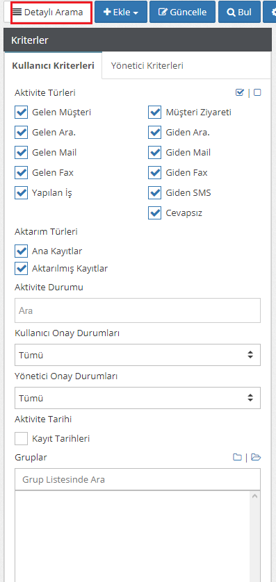 aktivite kayıtlarını filtrelemek