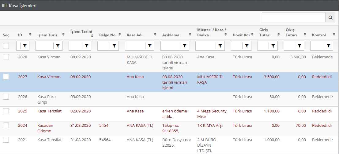 kasa işlemi kontrol durumları